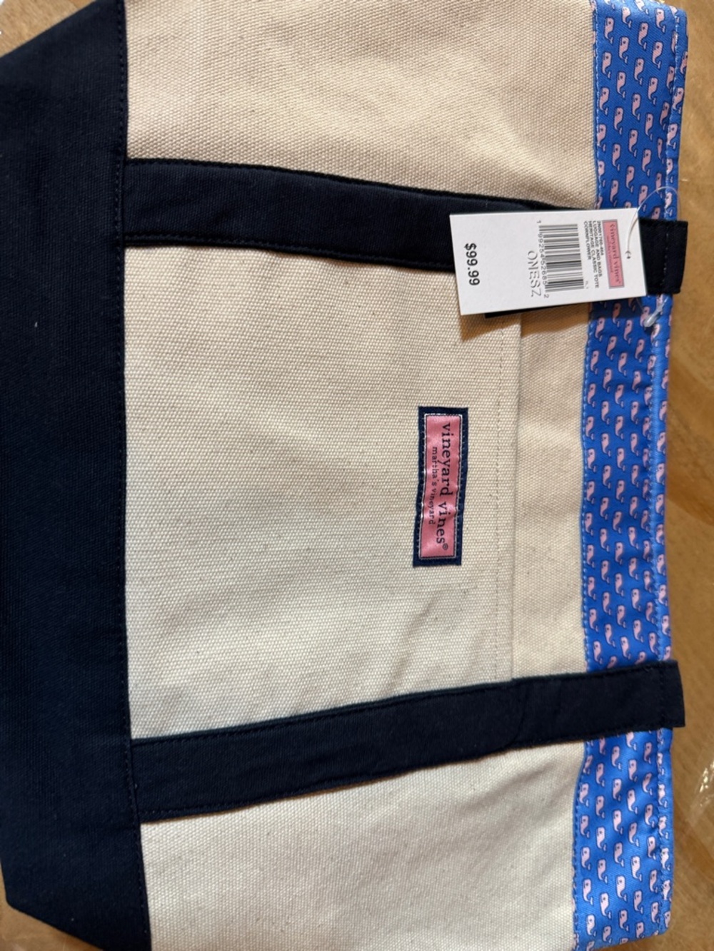 Vineyard Vines Natural Canvas Tote with Navy Accents and Blue Whale Trim